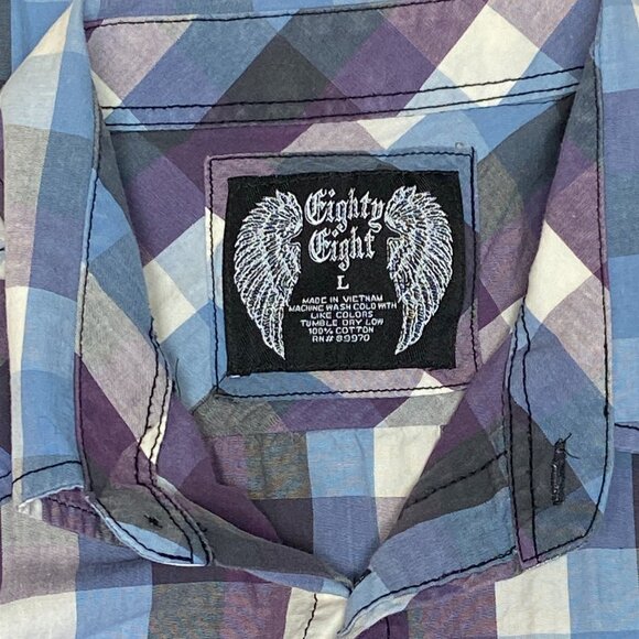 Eighty Eight Long Sleeve Collared Button Up Flap Pocket Plaid Shirt Purple Blue - Picture 11 of 11
